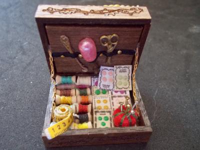 wood sewing box with notions